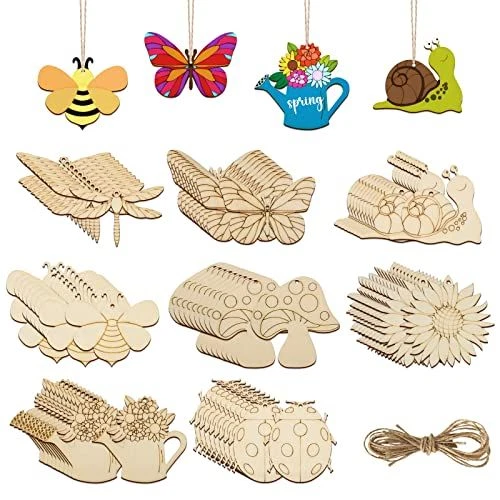 80PCS Wooden Spring Ornaments to Paint, 8 Styles DIY Blank Unfinished white