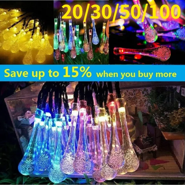 20 30 50 LED Solar Powered Water Droplet Fairy String Lights Outdoor Garden Xmas