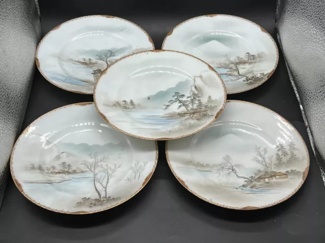 Antique Chinese Japanese Egg Shell Pottery Hand Painted Set 5 Side Bread Plates