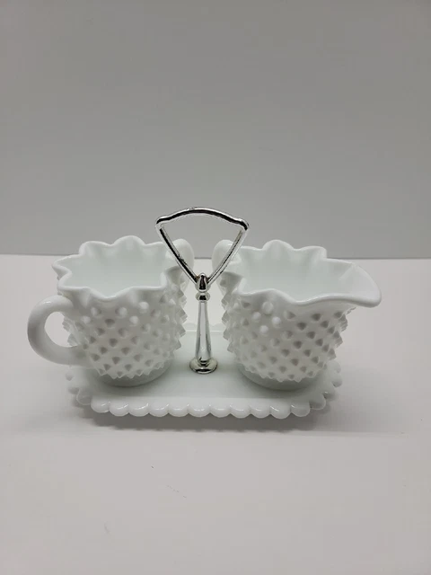 Vintage Fenton milk glass hobnail small sugar and creamer set