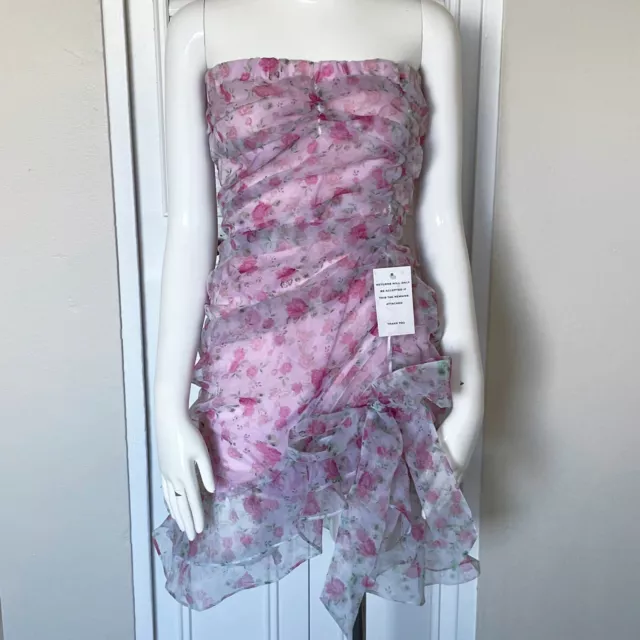 NWT For Love & Lemons Organza Strapless Mini Dress M Pink Rosebud Ruched Chiffon