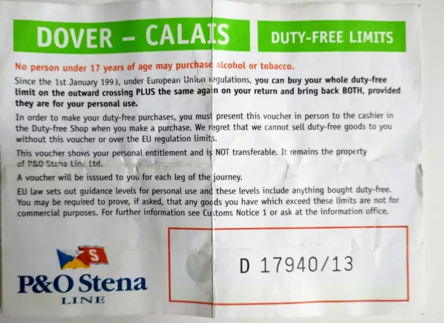 Duty Free Voucher 1990's  EU P&O Stena  -Details Personal Duty Free Limits