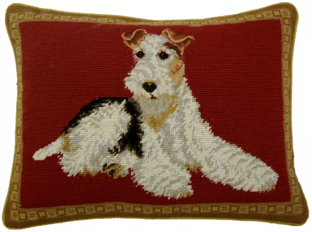 Wool Needlepoint & Petit Point Throw Pillow Fox Terrier Dog Cushion 12x16