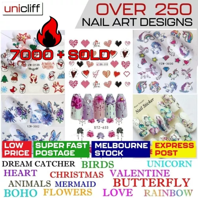 Nail Art Water Decals Sticker LOVE HEART UNICORN FLOWERS BUTTERFLY FLAMINGO BOHO