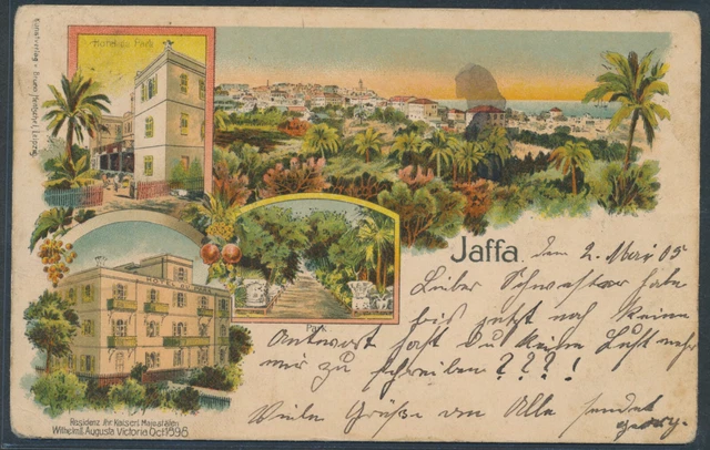 DP Türkei Reichspost MeF Litho-AK Jaffa 1905 nach Augsburg Befund (S21896)