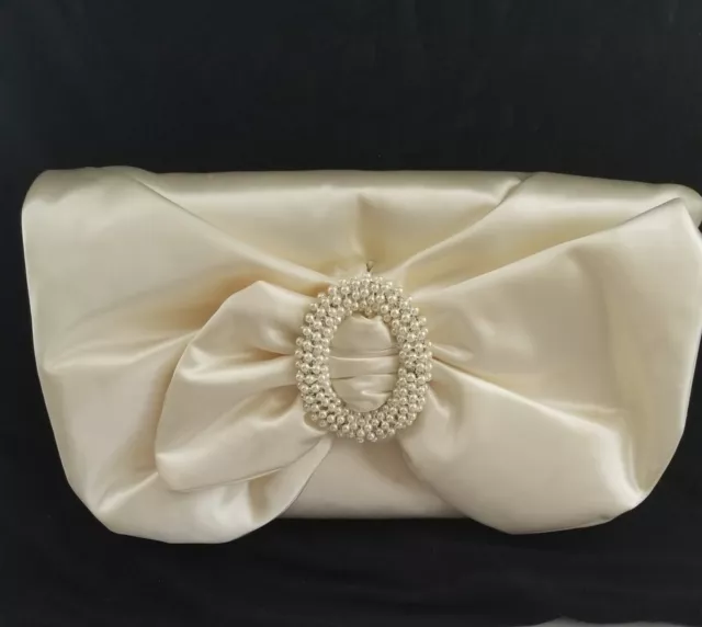 Bride Or Formal Cream Clutch With Large Pearl And Rhinestone Buckle On The Front