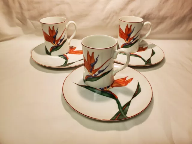 Fitz and Floyd Porcelain Bird of Paradise Cups and Dessert Plates Set of 3 Vtg