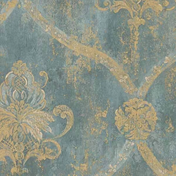 Wallpaper French Faux Aqua Blue Large Damask with Gold by Norwall
