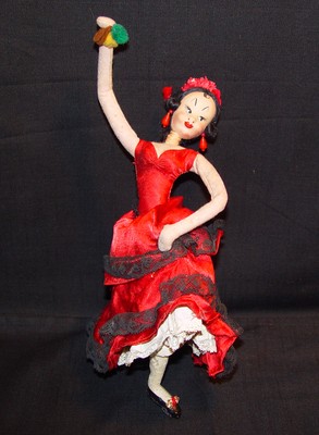 Vintage 1950's Klumpe Spanish Cloth Doll - Flamenco Dancer Silk & Lace Dress