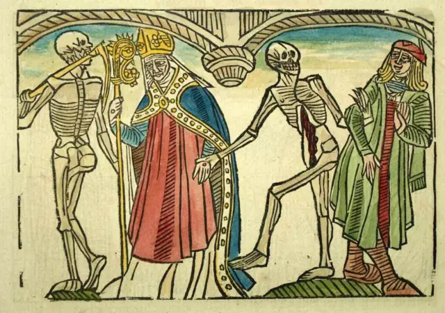 La Dance Macabre Skeleton La Mort De L'Bishop, engraving Original On Wood