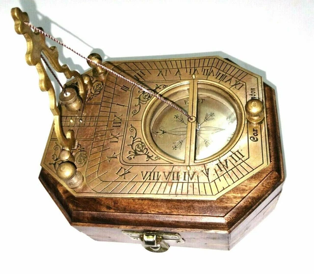 Cadran Solaire Avec Boussole En Laiton 3 Pouces - Boîte Bois - Reproduction Vintage Marine