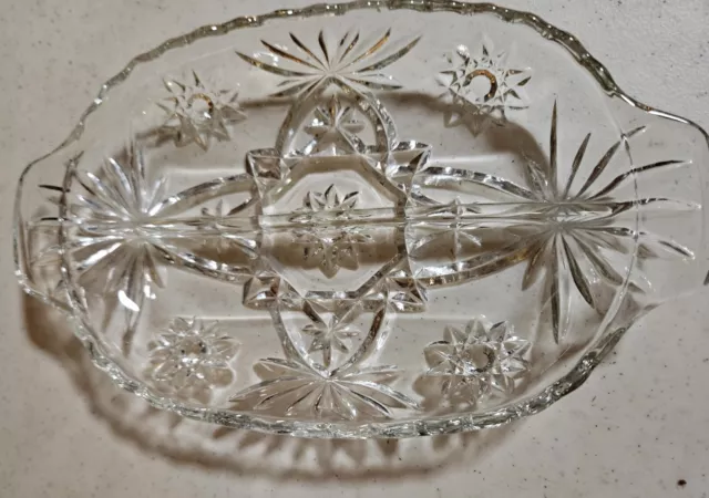 Vintage Pickle, Relish Dish  Clear Glass  Divided Starburst  Pattern,