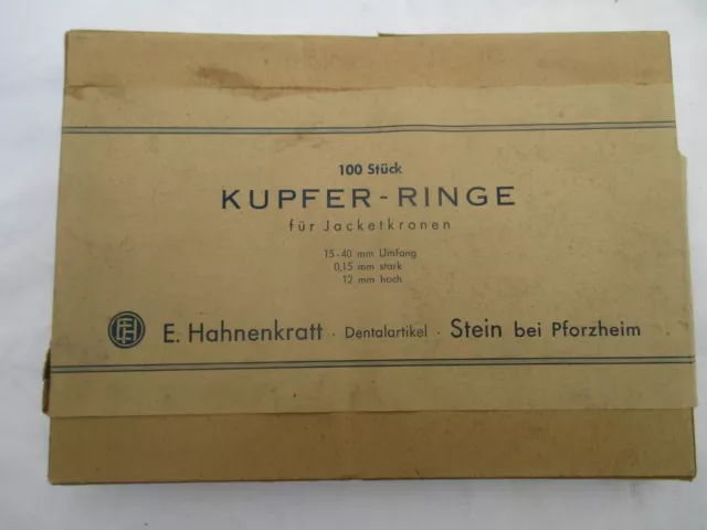 E. Hahnenkratt Dentalartikel Pforzheim KUPFER RINGE für JACKETKRONEN 1940