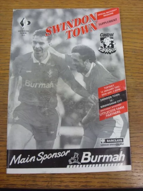 12/01/1993 Swindon Town v Birmingham City [Programme Dated: 29/12/1992, With 4 P