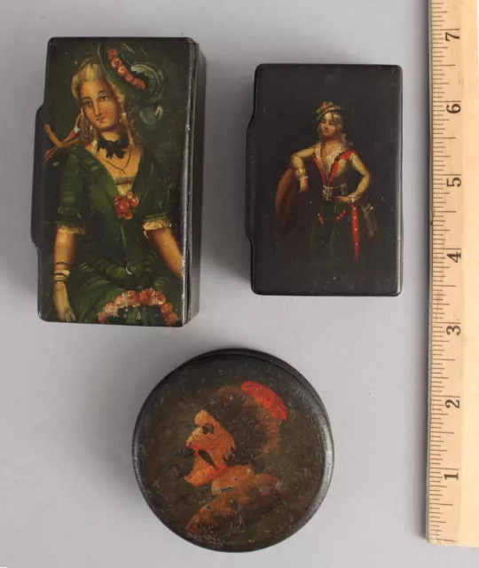 3 Antique 19thC Hand Painted Lacquer Snuff Boxes Miniature Paintings NO RESERVE