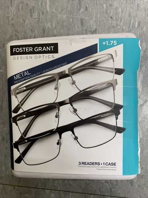 Design Optics By Foster Grant Kyne Full Metal Square +1.75 Reading Glasses 3 Ct