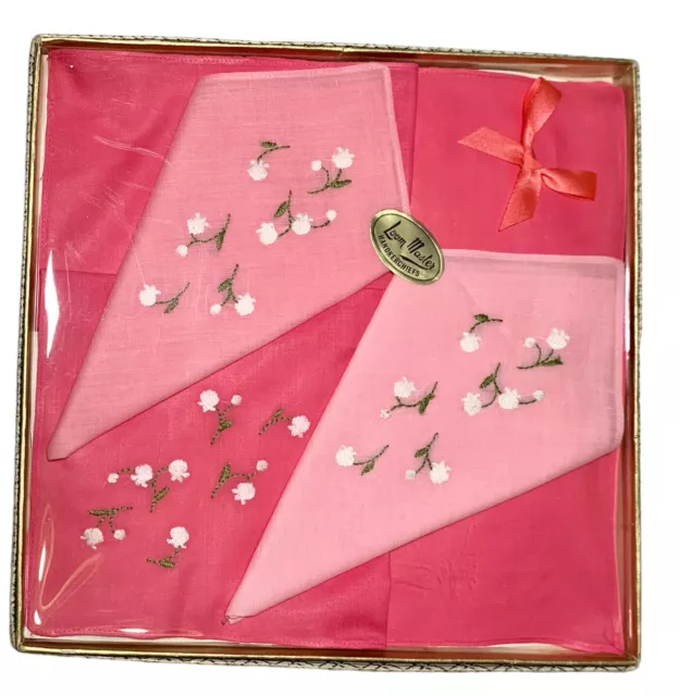 Fazzoletti floreali vintage Loom Master x4 rosa e bianco ricamati in scatola