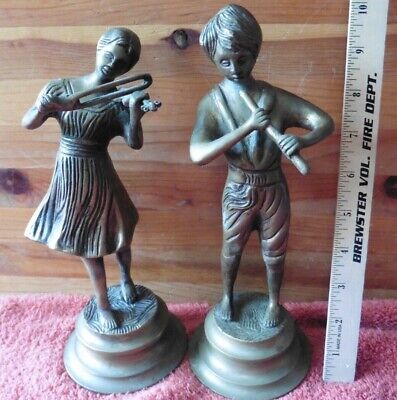 Pair of Cast Brass Bronze Figures Boy Playing Flute Girl Playing Violin Vintage