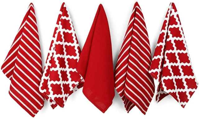 Lot De 5 Torchons Rouge Blanc Coton Solides Absorbants Motifs Design 65x45 Cm