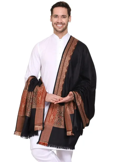 Men's Kashmiri Woven Acro Wool Shawls Stole Wrap Black 40" X 80"
