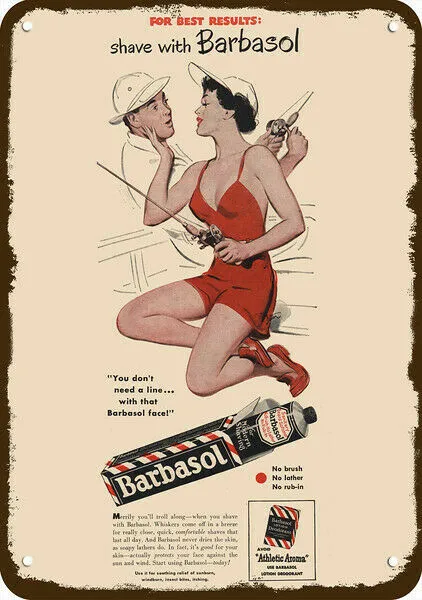 1949 BARBASOL Sexy Woman Pin-Up Fishing Vintg-Look DECORATIVE REPLICA METAL SIGN