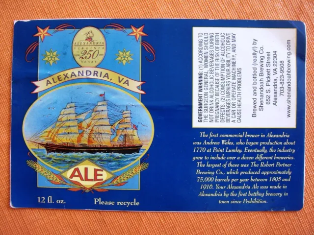 Shenandoah Brewing  beer label - ALEXANDRIA VA  with sailing ship