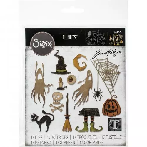 Juego de troqueles Sizzix Thinlits 664209, cosas espantosas de Tim Holtz, paquete de 17, multi