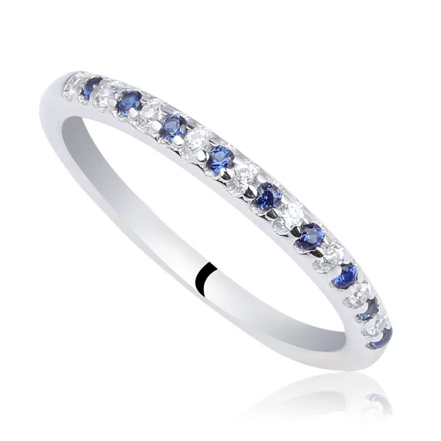 Solid 925 Sterling Silver Band Ring Slim Blue & Clear Cubic Zirconia CZ Size 7
