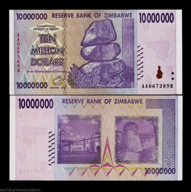 ZIMBABWE 10000000 DOLLARS P-78 2008 UNC 10 Million 50 & 100 TRILLION SERIES NOTE