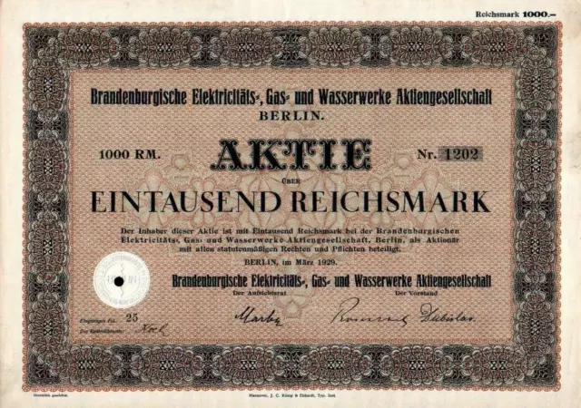 Brandenburgische Elektricitäts-, Gas- und Wasserwerke AG 1929 1000 RM