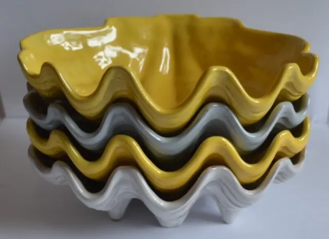 Frankoma Pottery T9 Shell Bowls Lot of 4 Yellow and Gray