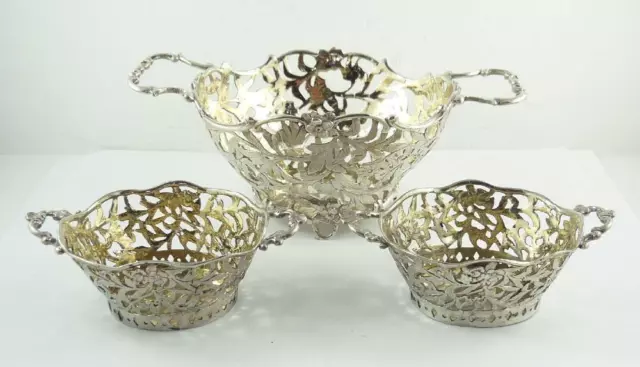 3 Antique Neresheimer, Hanau / B. Mueller Sterling Silver Pierced Bowls 1903-04