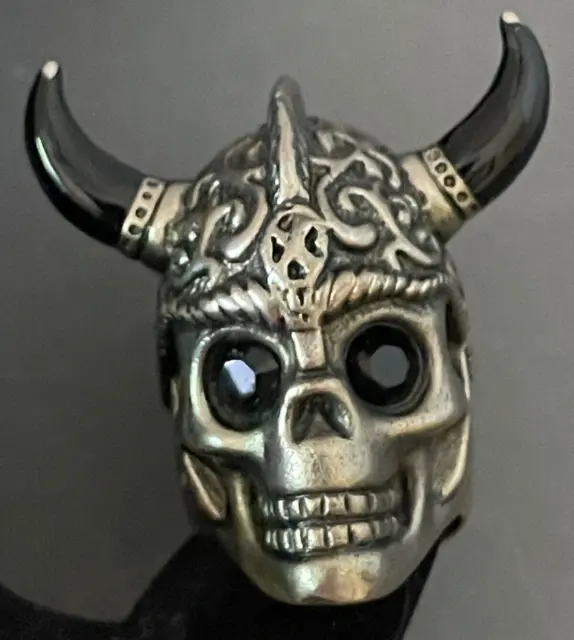 Alexander McQueen Warrior Skull Ring Silver on Brass Onyx Horns Faceted Eyes 8.5