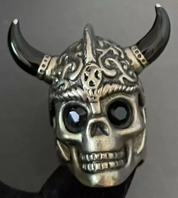 Alexander McQueen Warrior Skull Ring Silver on Brass Onyx Horns Faceted Eyes 8.5 Alexander McQueen Warrior Skull Ring Silver on Brass Onyx Horns Faceted Eyes 8.5