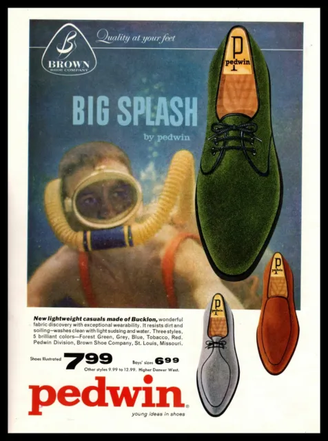 1960 Pedwin "Big Splash" Suede Bucklon Casual Shoes Underwater Diver Print Ad