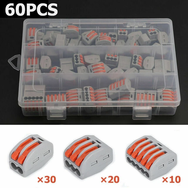 thumbnail interactive-video image 1 of 60-Pack Reusable Lever Wire Connectors – 2, 3 & 5-Pin Terminal Blocks, 32A 400V, Orange 1 of 3