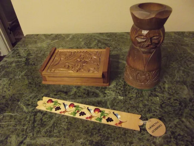 Lot of 3 Vintage Hand Carved Wooden Hungarian (Magyar) / Armenian Items