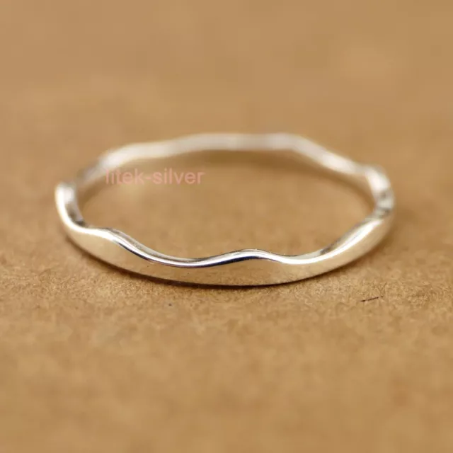 Sterling Silver Dainty Thin Wavy Band Stackable Knuckle Mid Pinkie Ring A3388