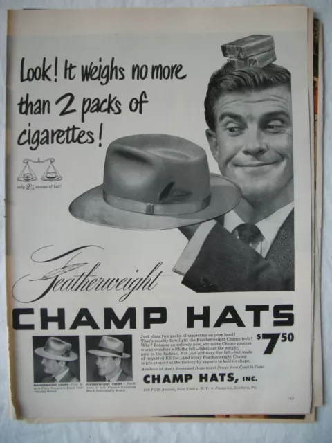 VINTAGE 1954 CHAMP Light-Weights Hat Print Ad Ephemera Wall Art