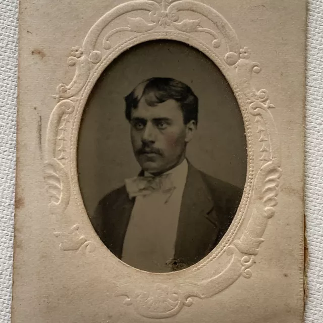 Antique Tintype Photograph Handsome Man Mustache Bow Tie Tinted