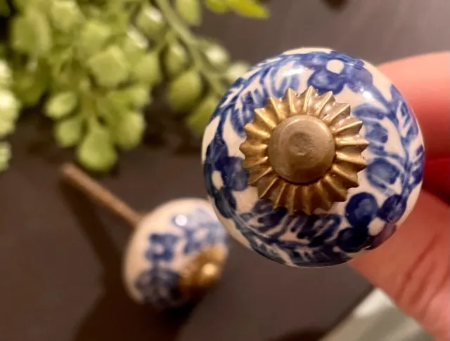 Antique Blue and white Porcelain Ceramic Floral Drawer Cabinet Knobs Pulls 1.25"