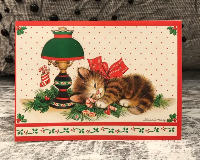 1 Vintage Paper Magic Group Kitten Sleeping By Lamp Christmas Card New Unused