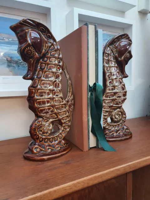 Tall pair of vintage Fosters Pottery, Cornwall, Brown honeycomb glaze Seahorses