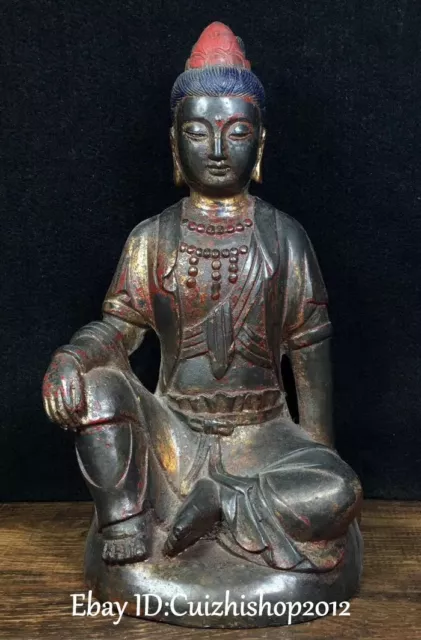 9" Old Chinese Bronze Buddhism Seat Kwan-yin Guanyin Quan Yin Goddess Statue