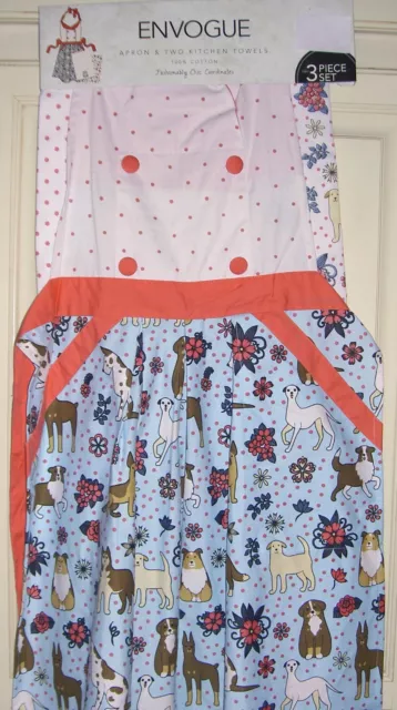 Envogue Dogs All Kinds Flowers Apron & 2 Kitchen Towels Dog 3 Piece Nwt