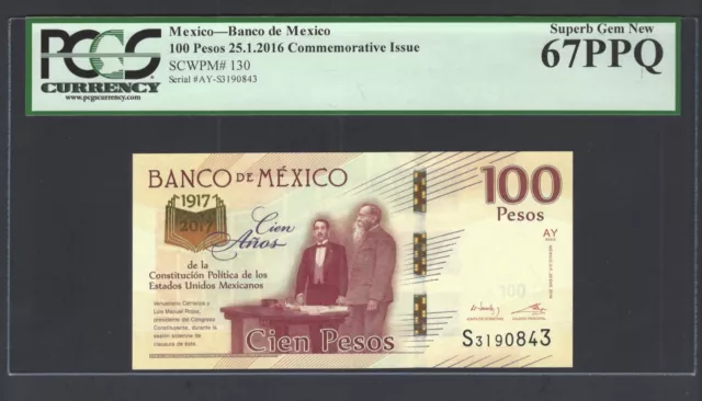 Mexico 100 Pesos 25-1-2016 P130 Commemorative Issue Uncirculated Graded 67
