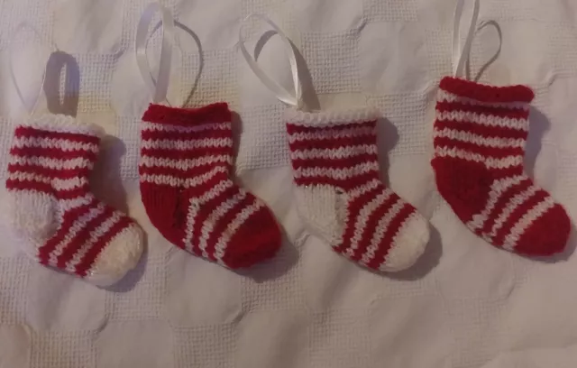 4 Christmas mini  stocking Hand knitted tree Dec cutlery holder elf sweets Coins