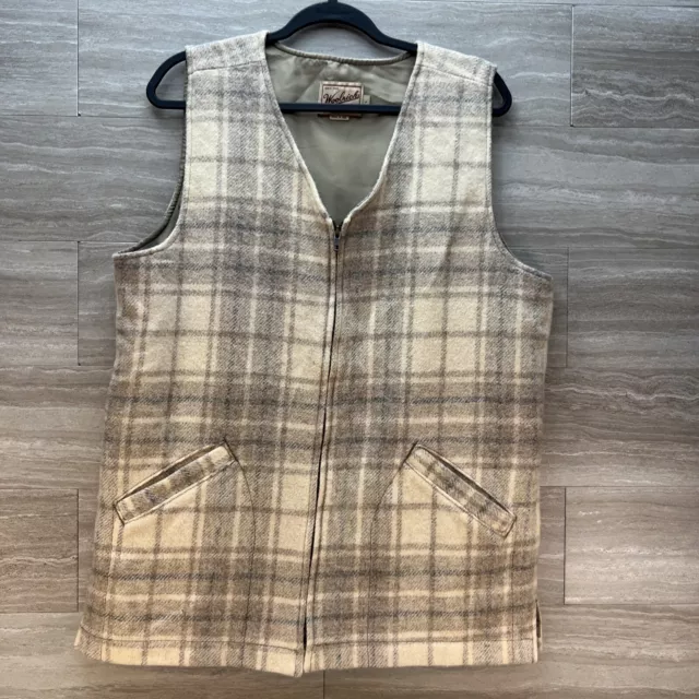 Vintage Woolrich Women’s Tan Plaid Wool Blend Full Zip Vest Size L Pockets USA