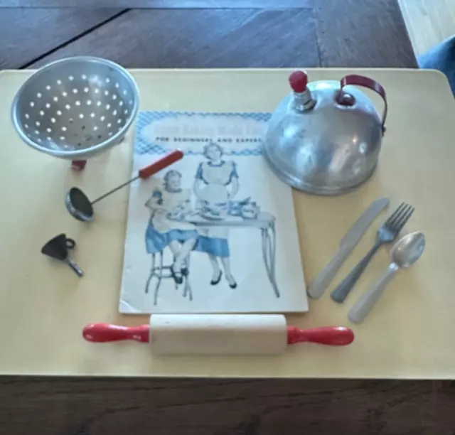 Vintage 1950's Toy Kids bakeware-utensils-Colander-Tea Kettle-Rolling Pins