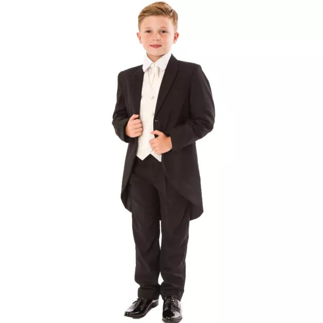 Boys black/Cream Swirl Tailcoat Suit 5 pc wedding suit party pageboy formal
